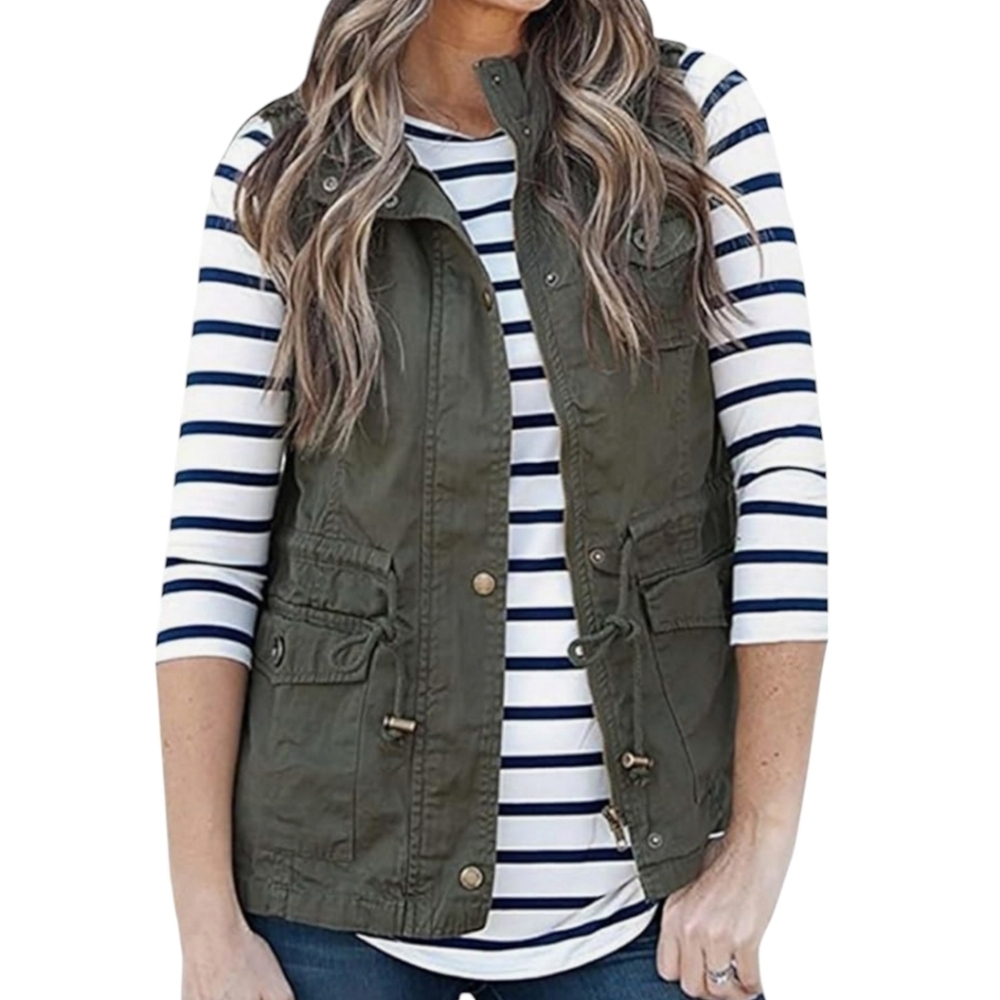 Qearal Zip-Up Drawstring Anorak Jacket Military Vest Outerwear w/ Pockets